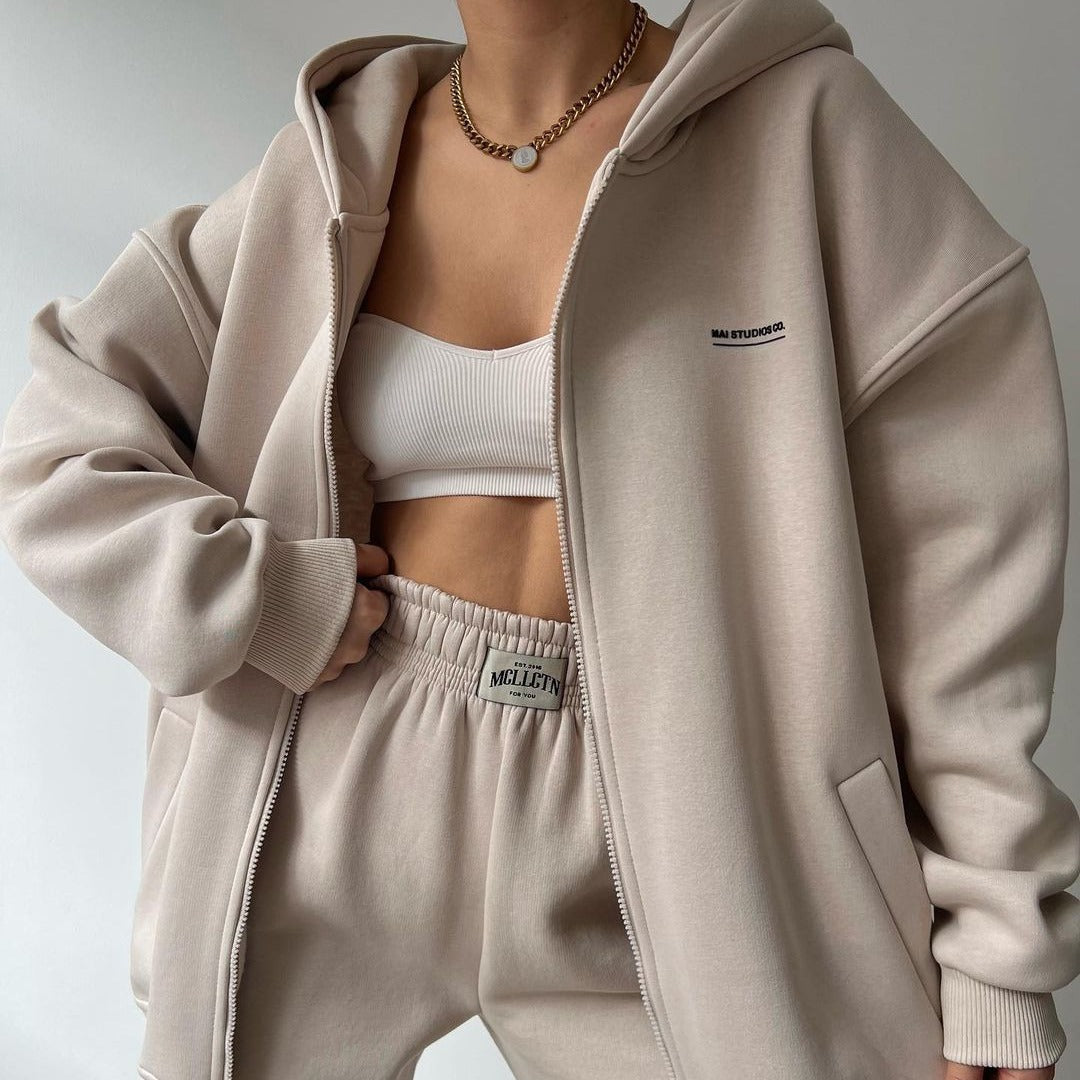 Damen Oversize Kapuzen-Sweatjacke mit Reißverschluss und High-Waist Jogginghose Set Chichicherry