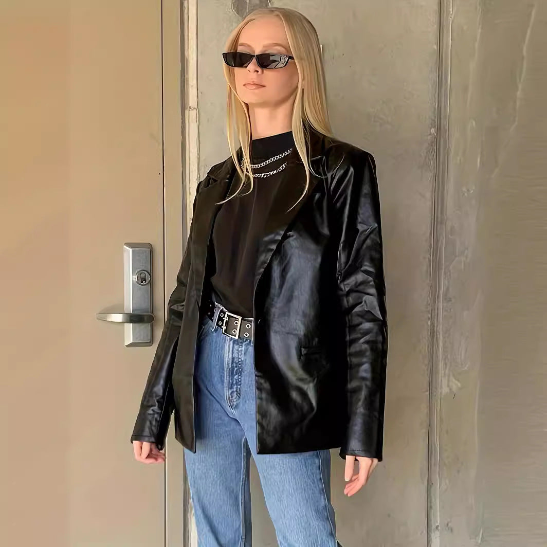 Women's Oversized Leather Look Blazer with Emphasized Shoulder Section and Glossy Finish Chichicherry