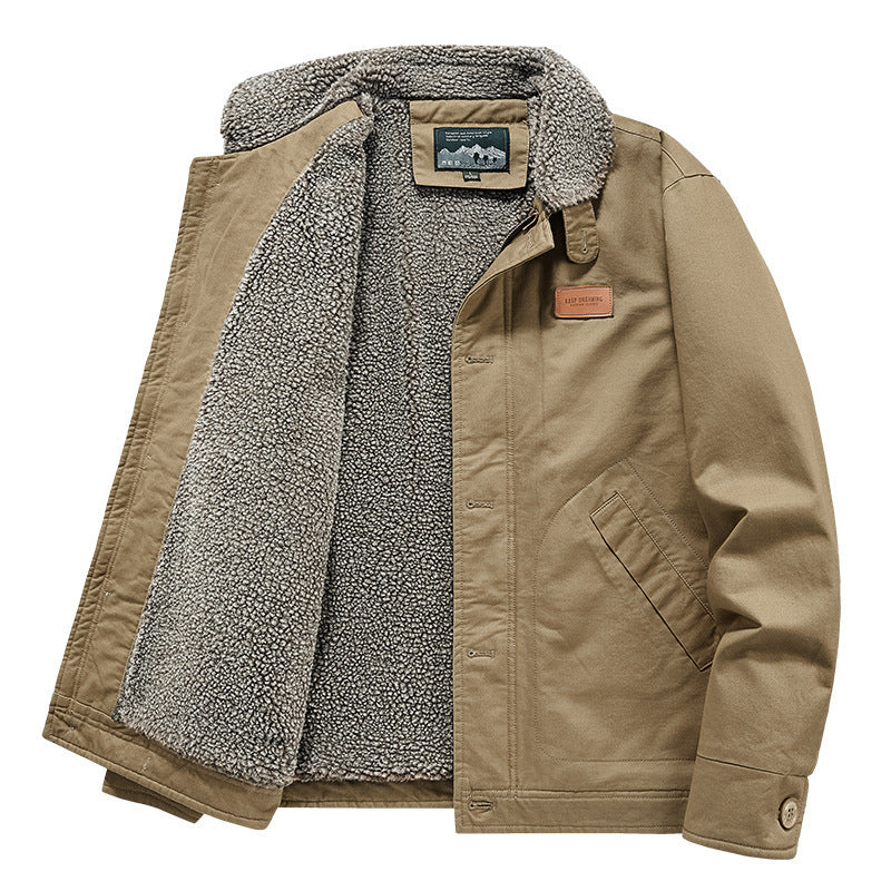 Men's rugged canvas worker jacket with voluminous Sherpa inner lining and high collar Chichicherry