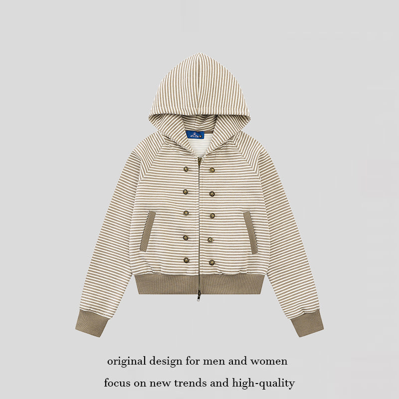 Women's striped hoodie sweatshirt jacket in navy look with double-breasted optics and front zipper Chichicherry