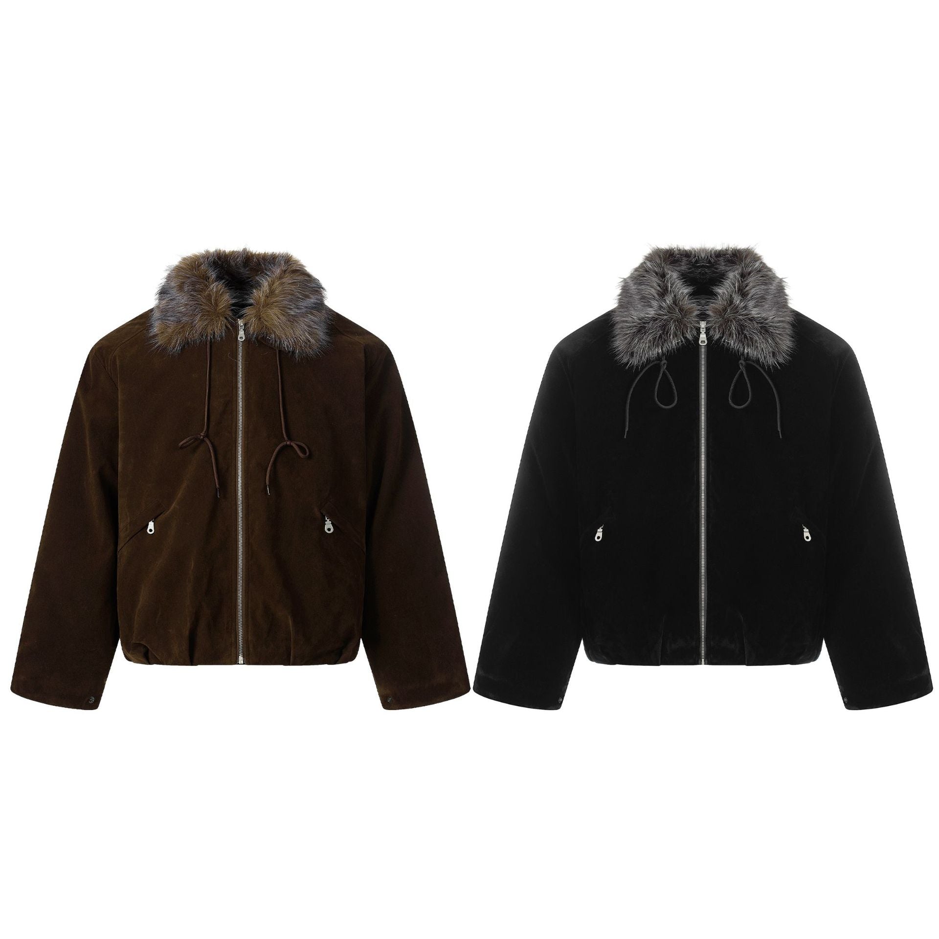 Men's Suede Bomber Jacket with Detachable Faux Fur Collar and Drawstring Chichicherry