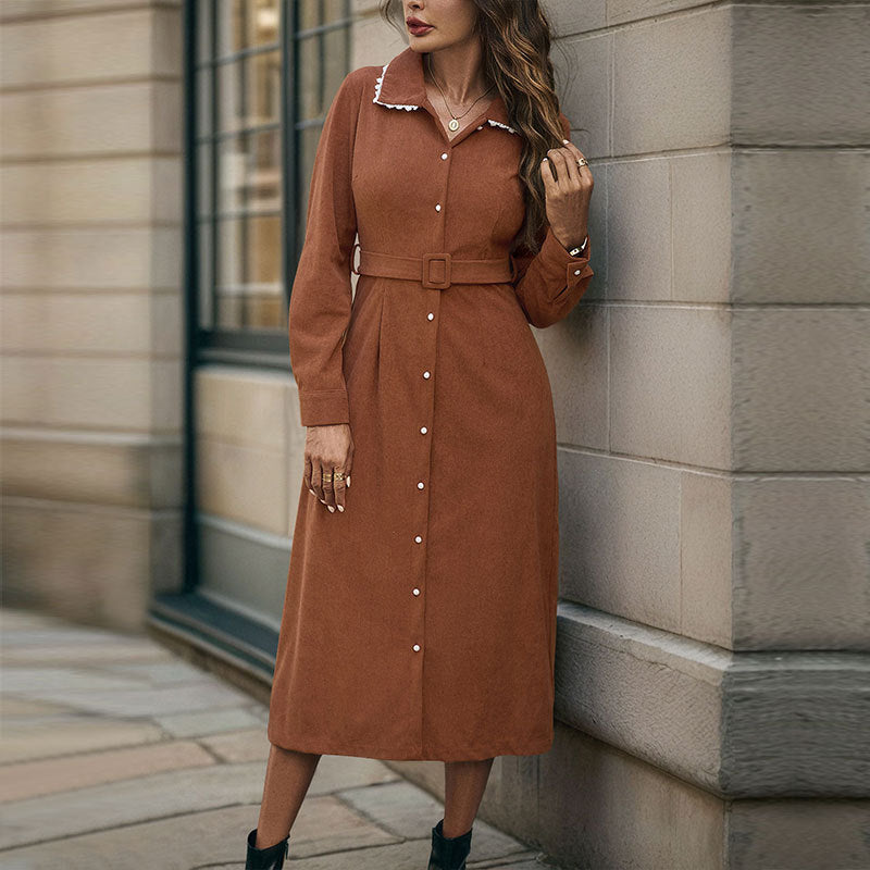 Women's midi shirt dress in velour look with waist belt and front slit Chichicherry
