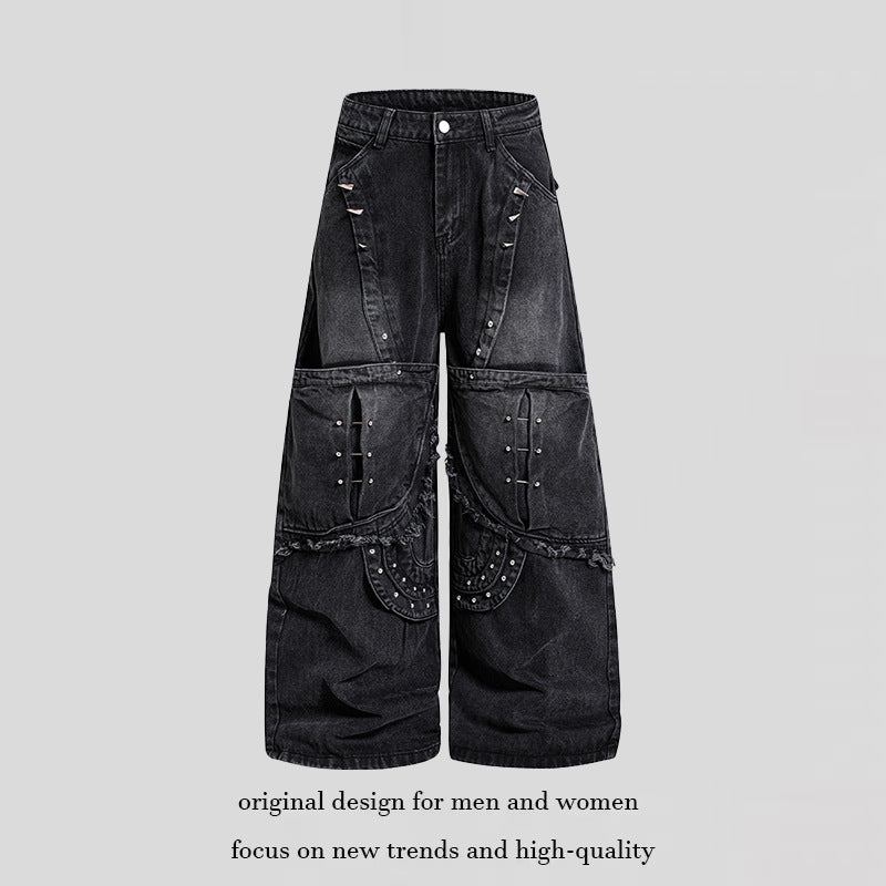 Women Wide High-Waist Denim Cargo Culotte with Rivets and Large Flap Pockets Chichicherry