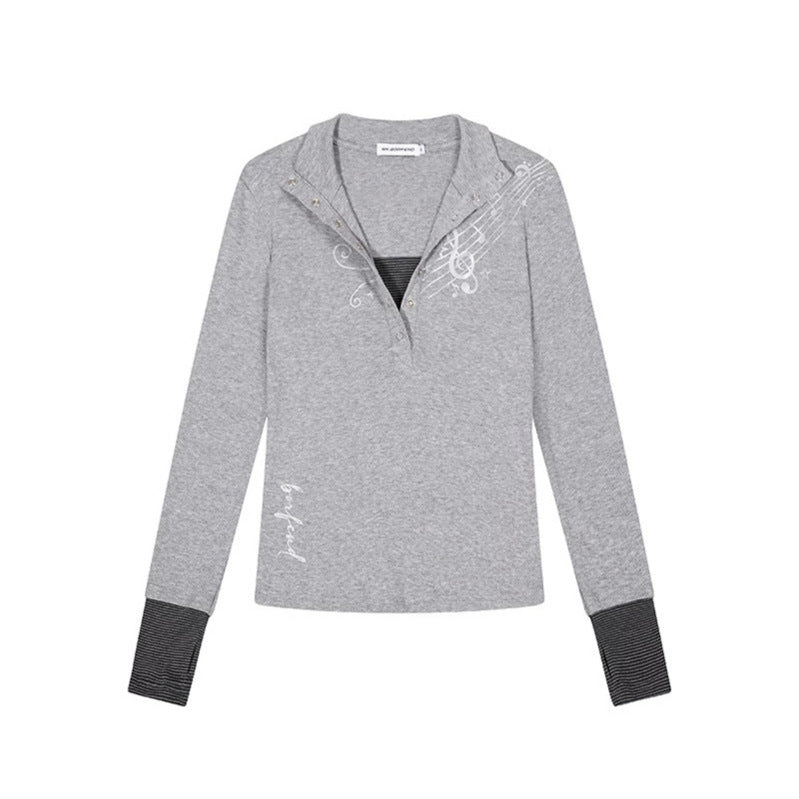 Women's Long Sleeve Polo Shirt with Stand-Up Collar, Button Placket and Note Print Chichicherry