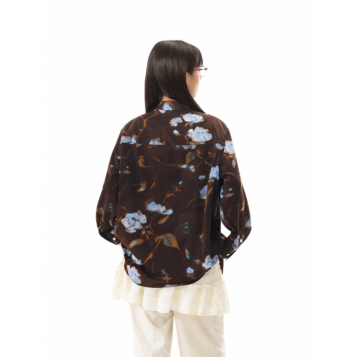 Women's Oversized Shirt Blouse with Abstract Floral Print and Patch Chest Pocket Chichicherry
