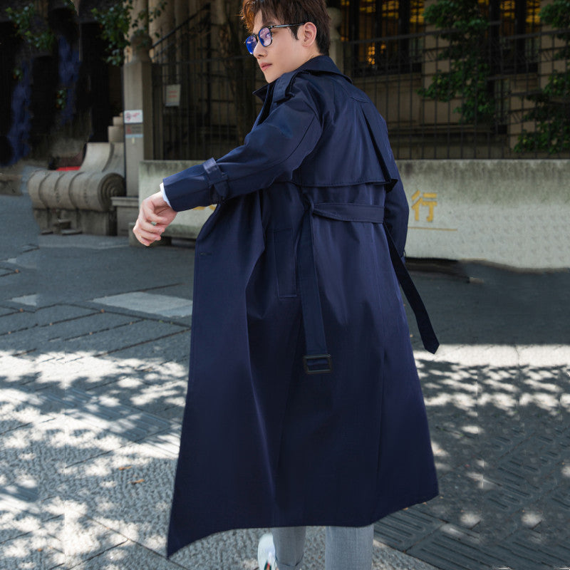 Men's longer double-breasted trench coat with classic lapels, belt and epaulettes Chichicherry