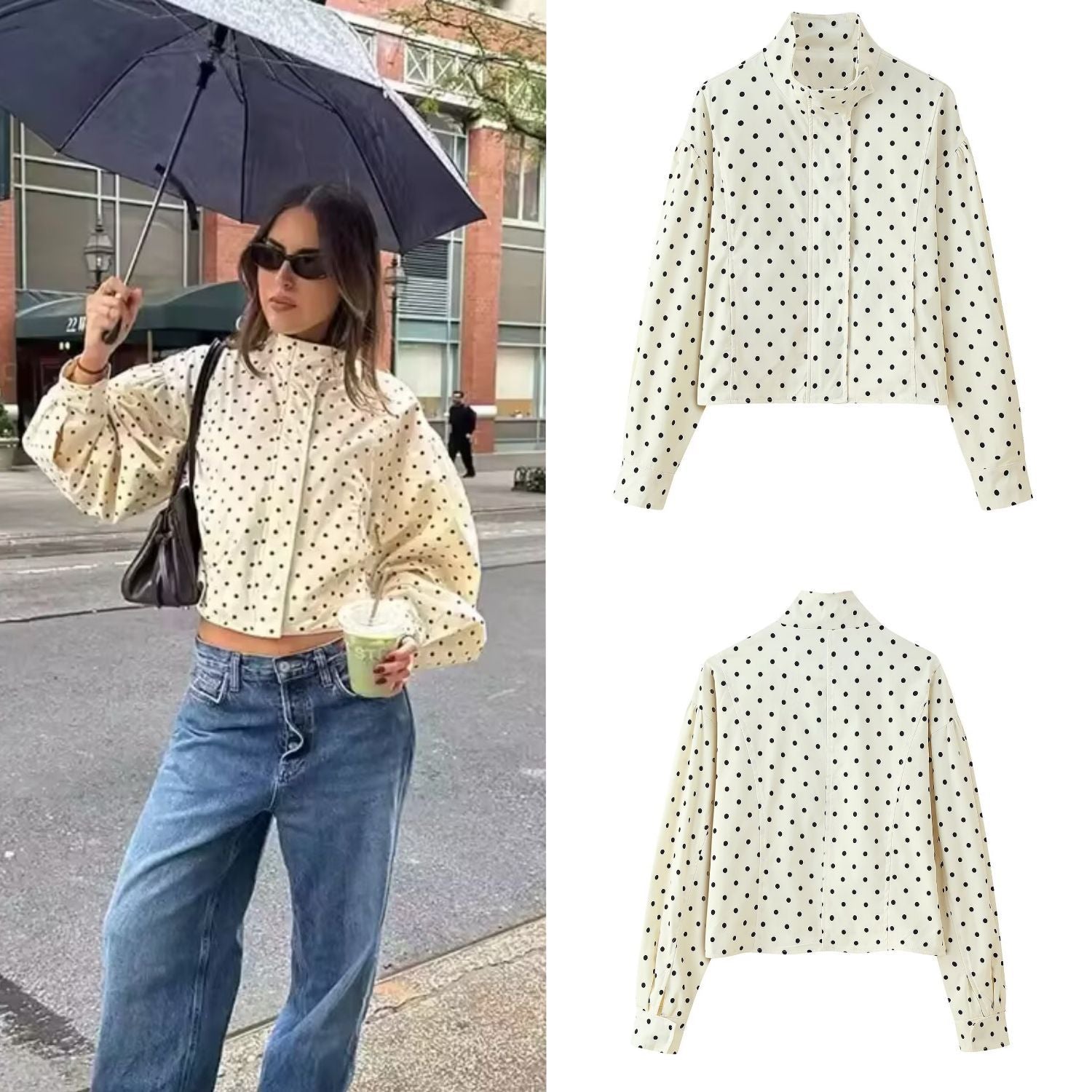 Women's short jacket with stand-up collar, boxy cropped cut and polka dot print Chichicherry
