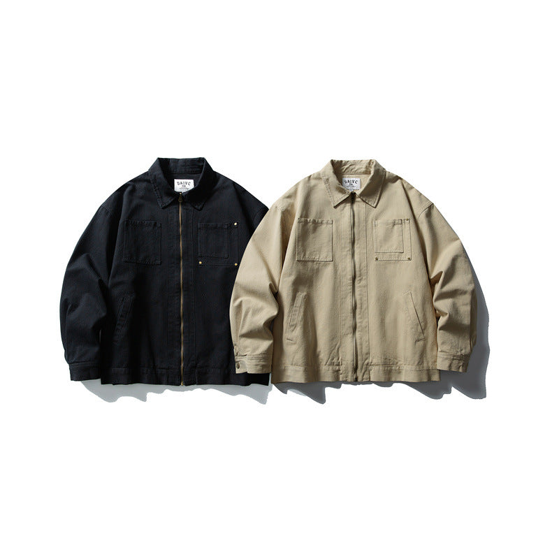 Unisex Kastig cut canvas workwear jacket with full zipper and patch chest pockets Chichicherry