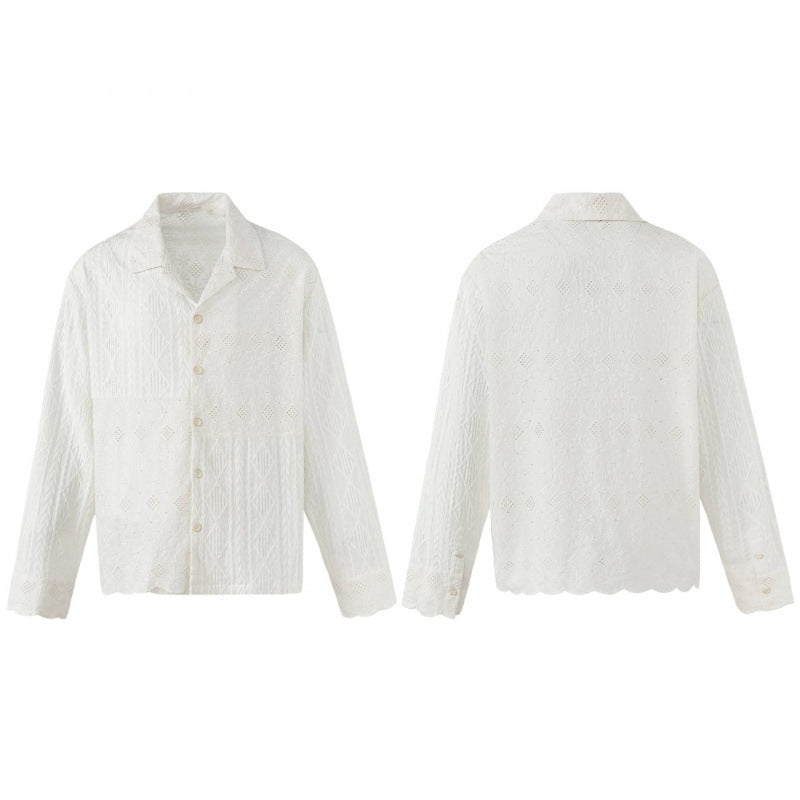 Women's Broderie-Anglaise Shirt Jacket in Boxy Cut with Shirt Collar and Button Placket Chichicherry