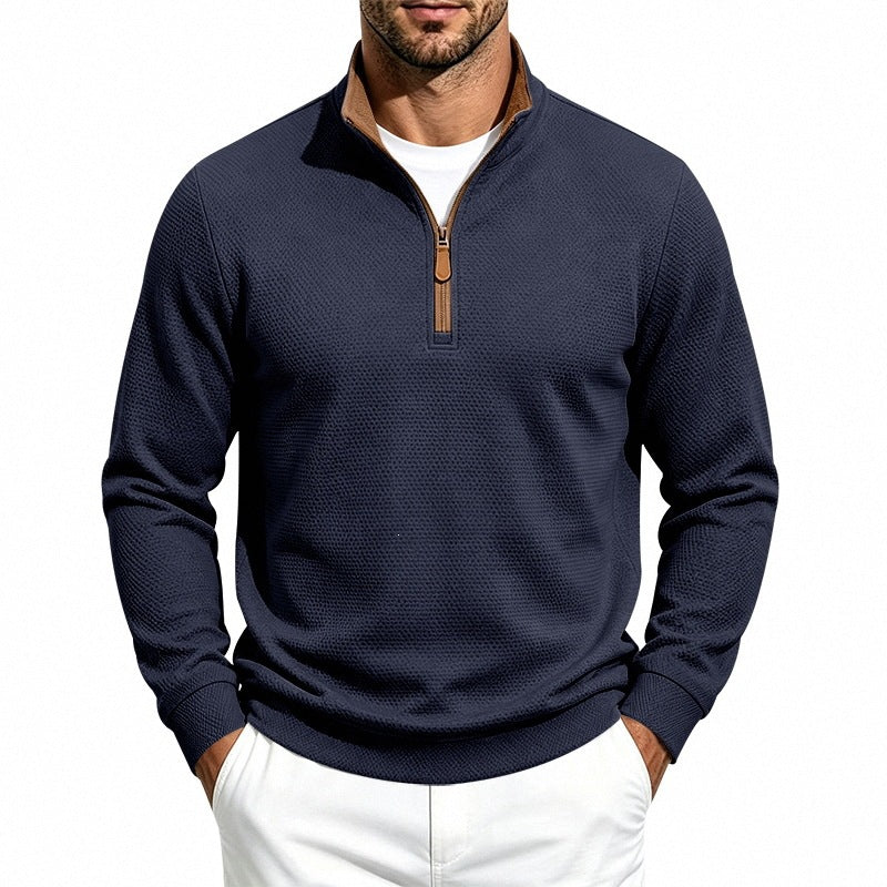 Men's Texture Half-Zip Pullover with Stand Collar and Contrast Inner Collar Chichicherry