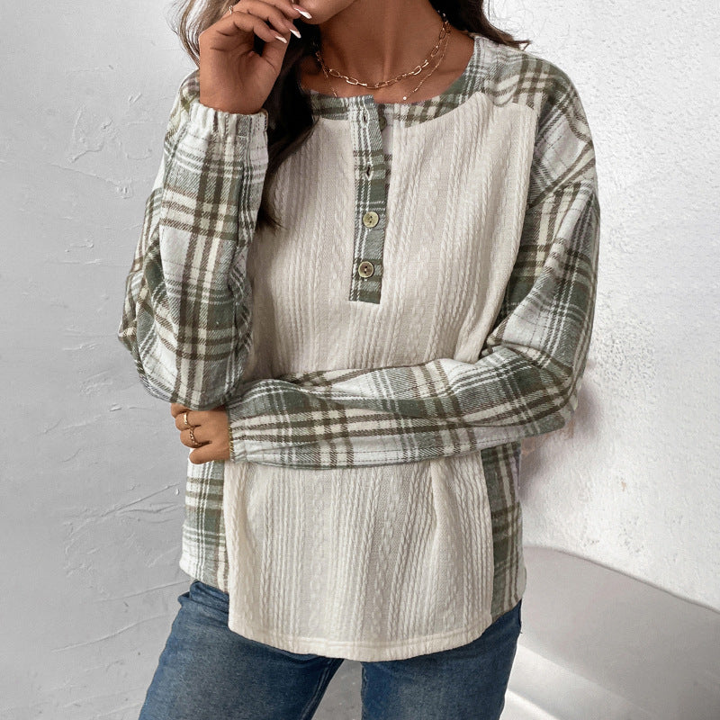 Women's Long-Sleeve Knit Blend Shirt with Checkered Sleeves, Henley Button Placket & Structure Mix Chichicherry