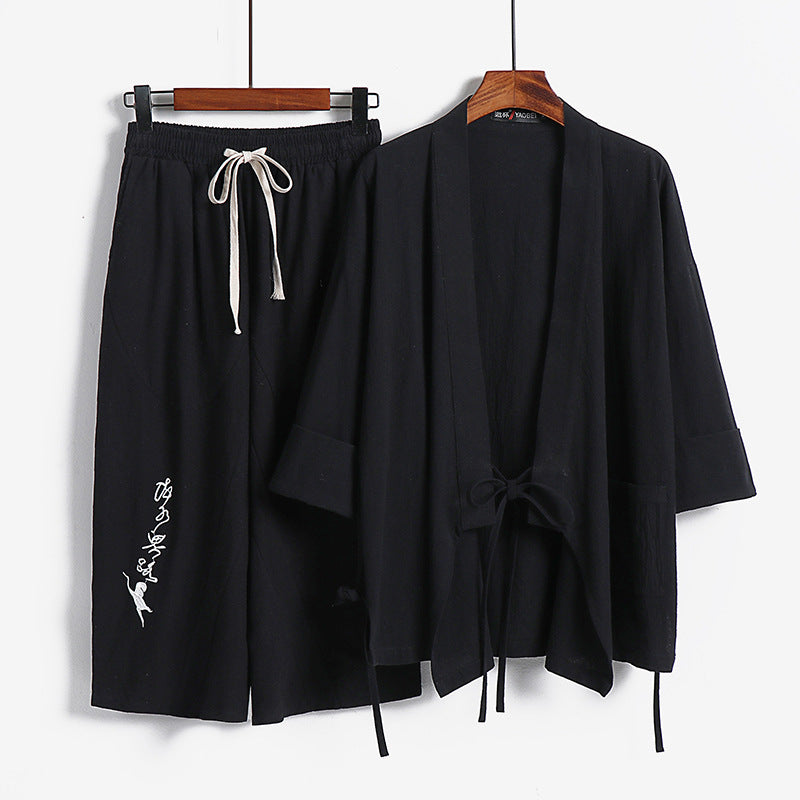Unisex Lightweight Kimono Loungewear Set made of Cotton-Linen with Embroidered Harem Pants and Tie Belt Chichicherry