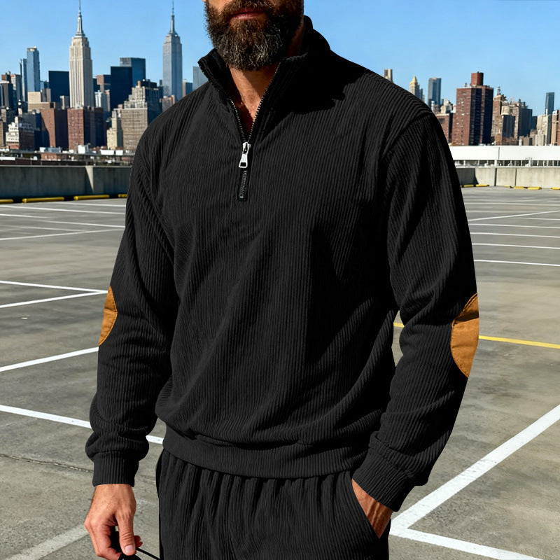 Men's cord structure half-zip pullover in relaxed fit with stand-up collar and elbow patch Chichicherry