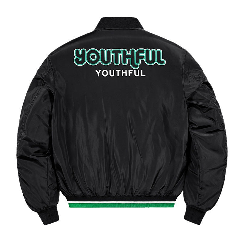 Men's Short Cut Nylon Bomber Jacket with Sporty Shoulder Piping, Logo Applications and Double Zipper Chichicherry