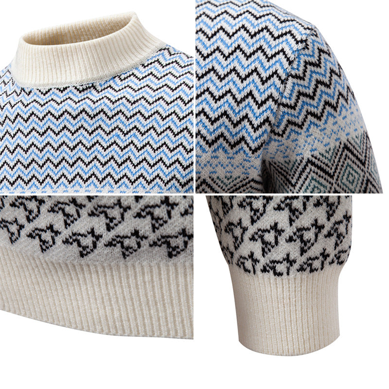Men's fine knit mock neck sweater with geometric jacquard and ribbed finishes Chichicherry