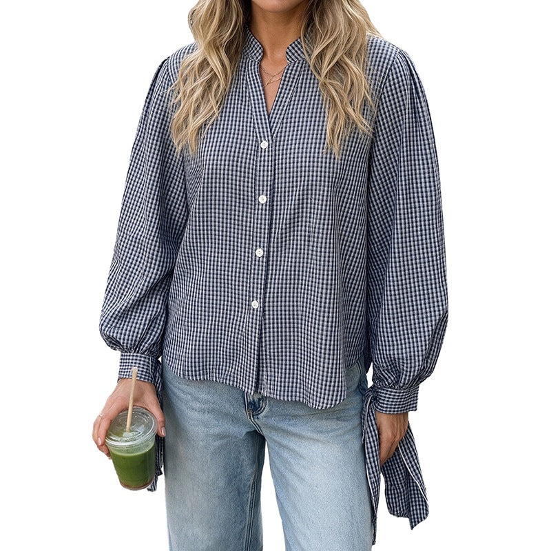 Women loose-fitting Vichy check blouse with stand-up collar, button placket, and tie cuffs