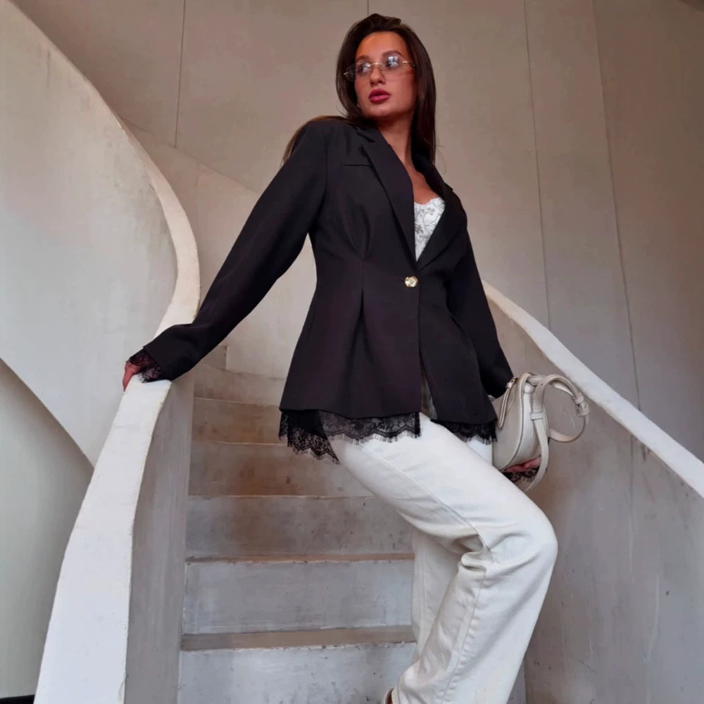 Women's Tailored Blazer with Lace Trim, Structured Shoulder and One-Button Closure Chichicherry
