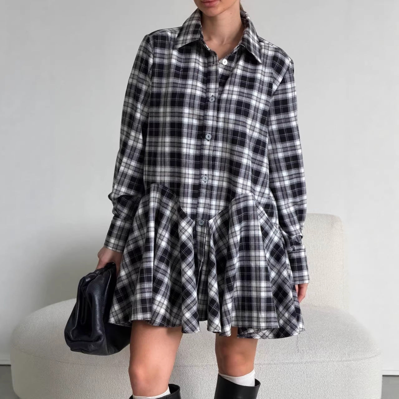 Damen Kariertes Hemdblusen-Minikleid mit ausgestellter Volant-Taille Chichicherry