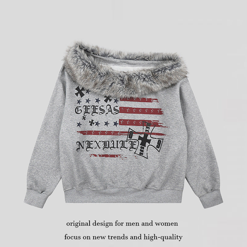 Women's Off-Shoulder Sweatshirt with Fake-Fur Collar, Relaxed Fit and Vintage Flag Print Chichicherry
