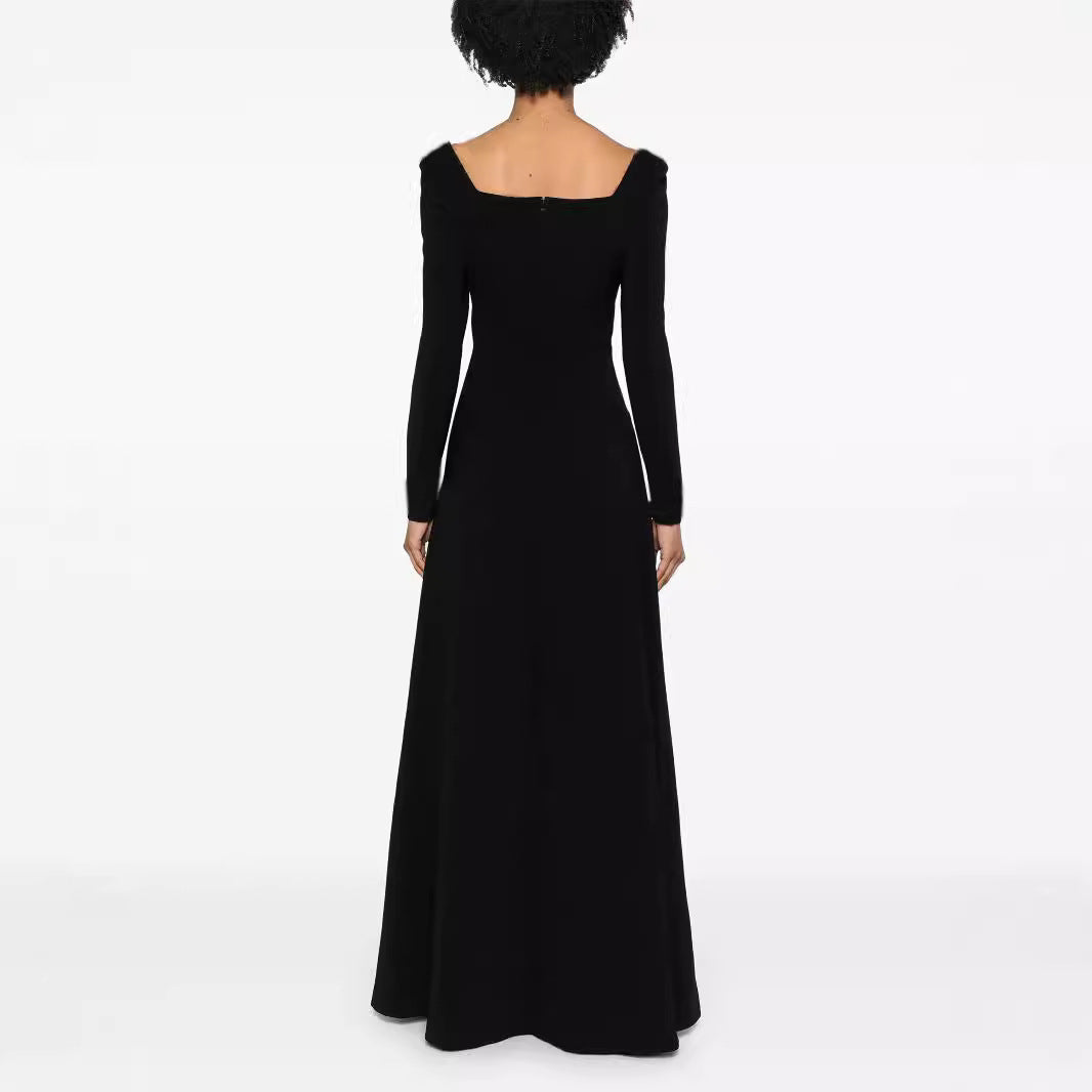 Women's Maxi Length Evening Dress in Minimalist A-Line Cut with Square Neckline and Long Sleeves Chichicherry