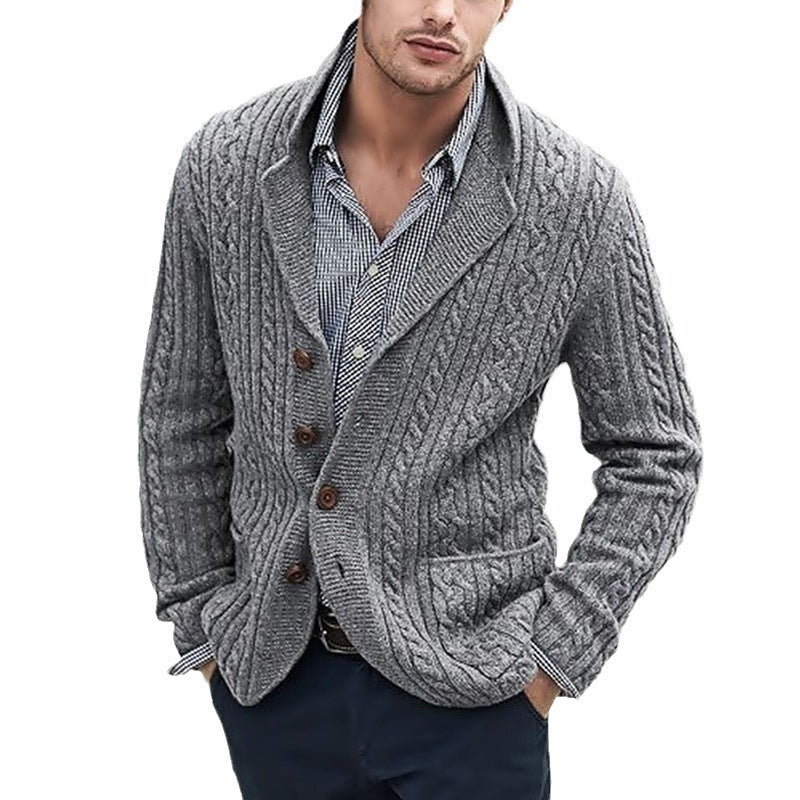 Men's Cable Knit Blazer with Shawl Collar and Button Placket Chichicherry