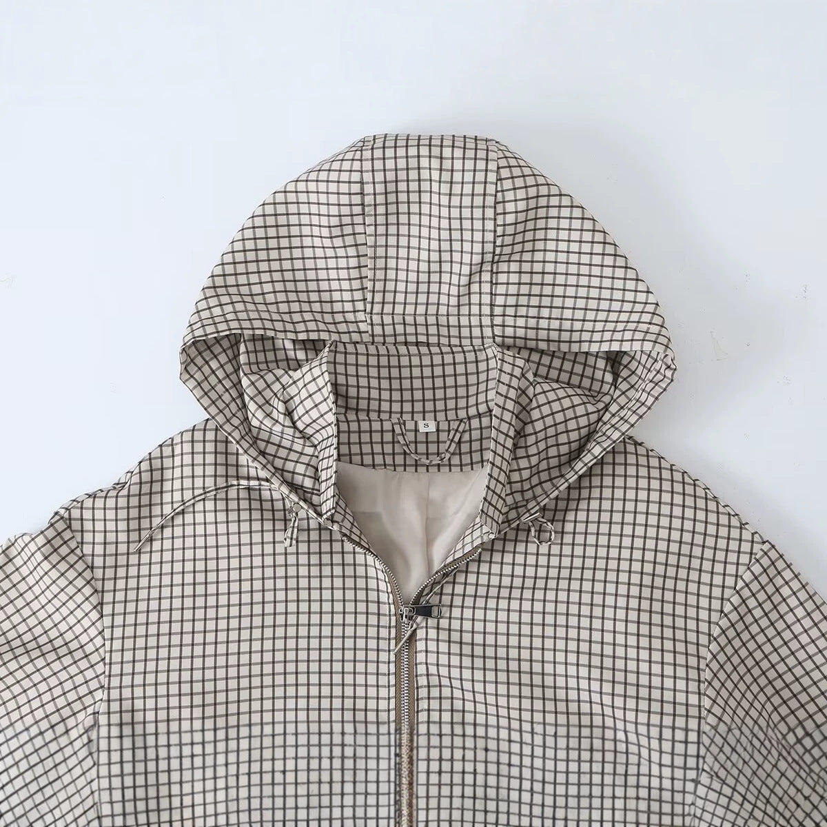 Women Lightweight Hooded Boxy Transitional Jacket with Check Grid Print, Drawstring and Elastic Cuffs Chichicherry