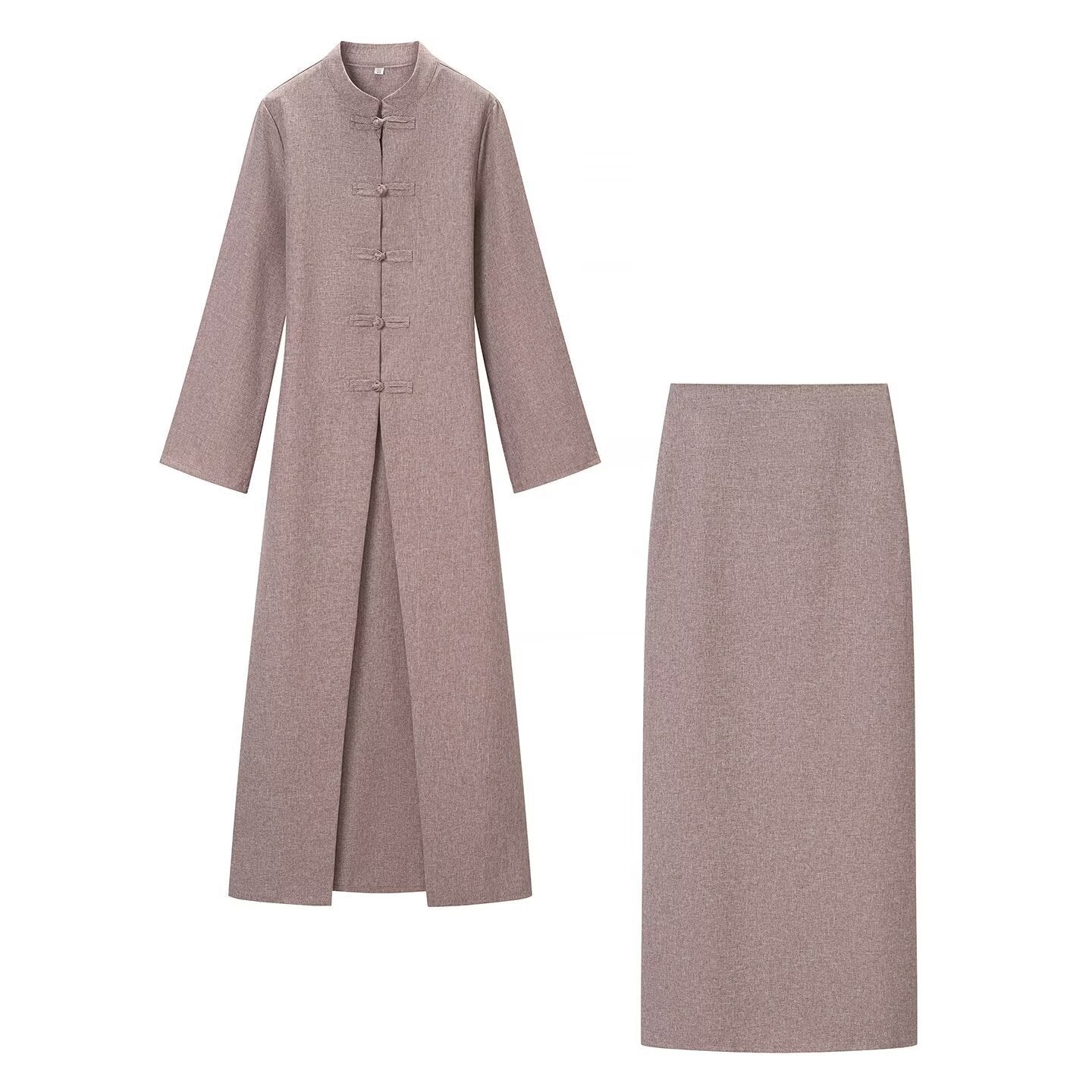 Women's Long Sleeve Maxi Dress with Stand Collar Toggle Button Closure and Front Slit Chichicherry