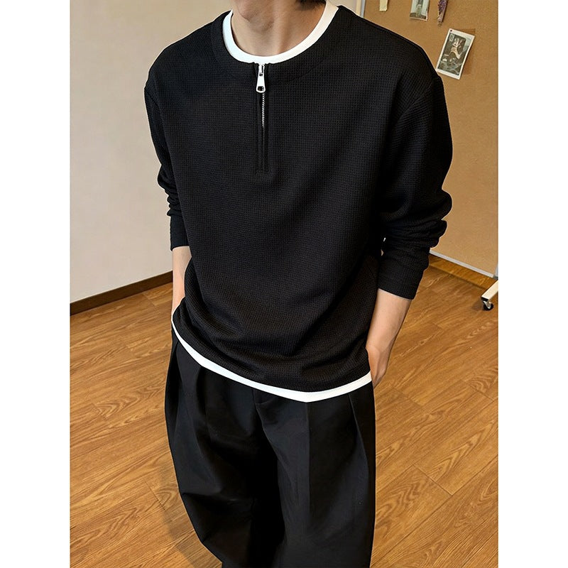 Men's Structured Long Sleeve Pullover with Half Zipper and Contrast Trim Chichicherry