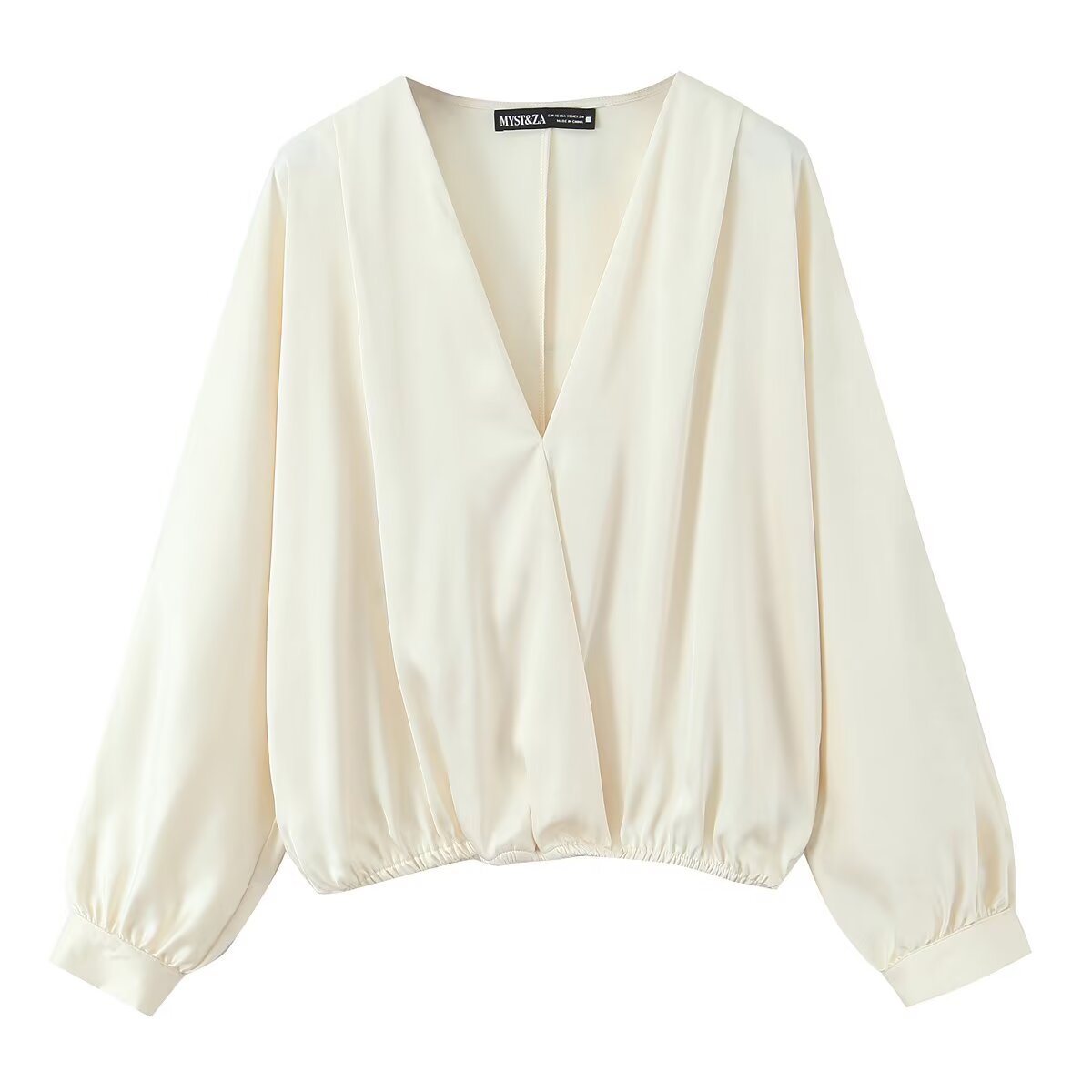 Women's satin blouse with deep wrap V-neck, elastic hem, and balloon sleeves Chichicherry