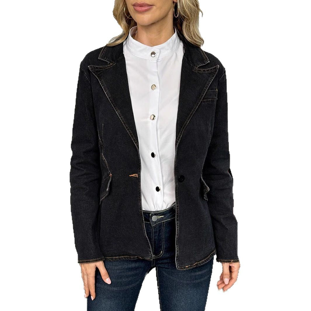 Women's tailored denim blazer with lapel collar and flap pockets Chichicherry