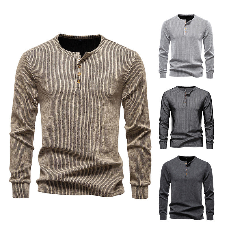 Men's Slim-Fit Ribbed Henley Long Sleeve Sweater with Round Neck and Button Placket Chichicherry