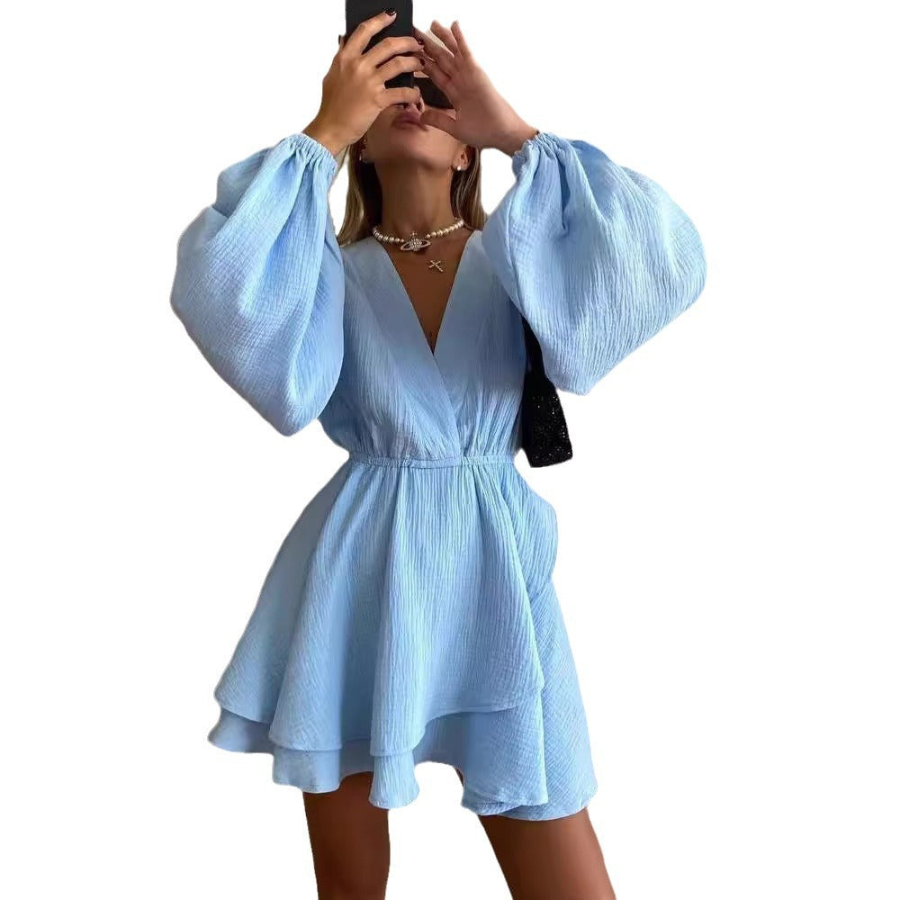 Damen Luftiges Wickelkleid mit Volantstufen und Ballonärmeln Chichicherry