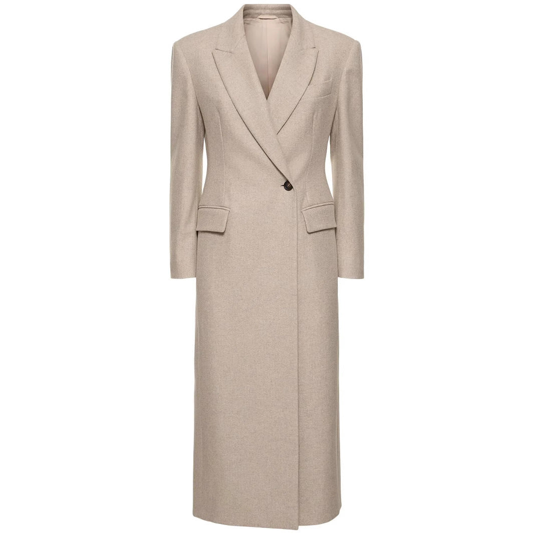 Women Tailored Longline Wool Blend Coat with Slim Silhouette and Single-Breasted Button Placket Chichicherry