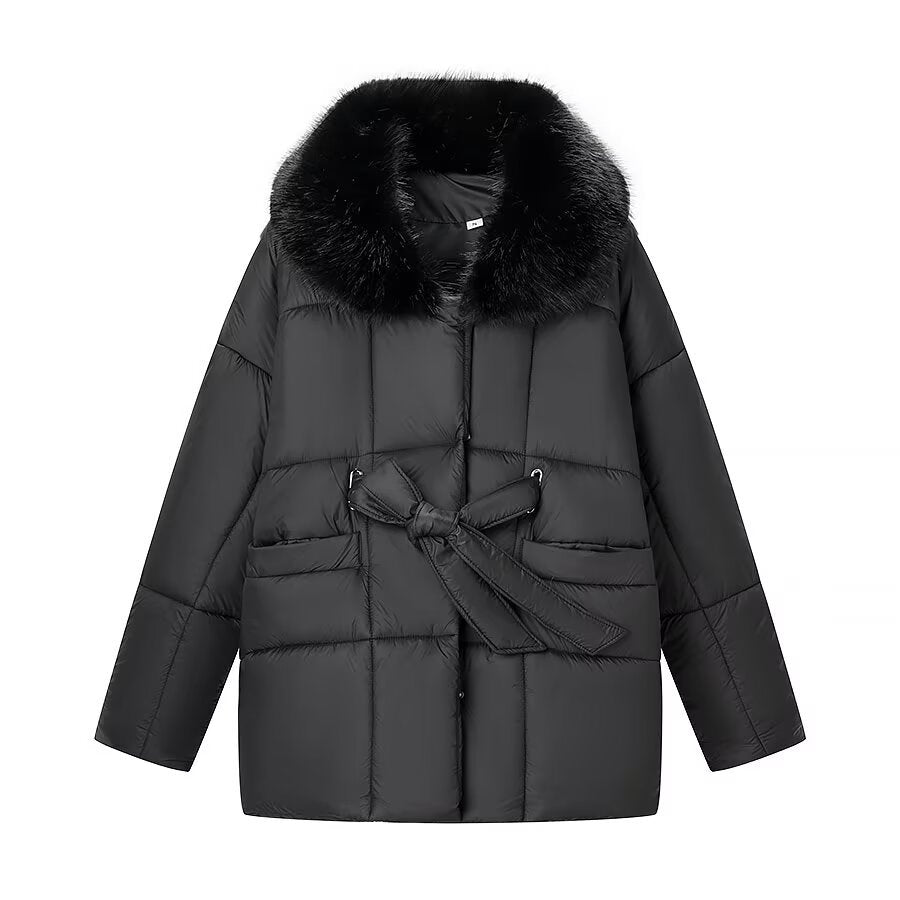 Women's Oversized Puffer Jacket with Waist Belt and Faux Fur Collar Chichicherry