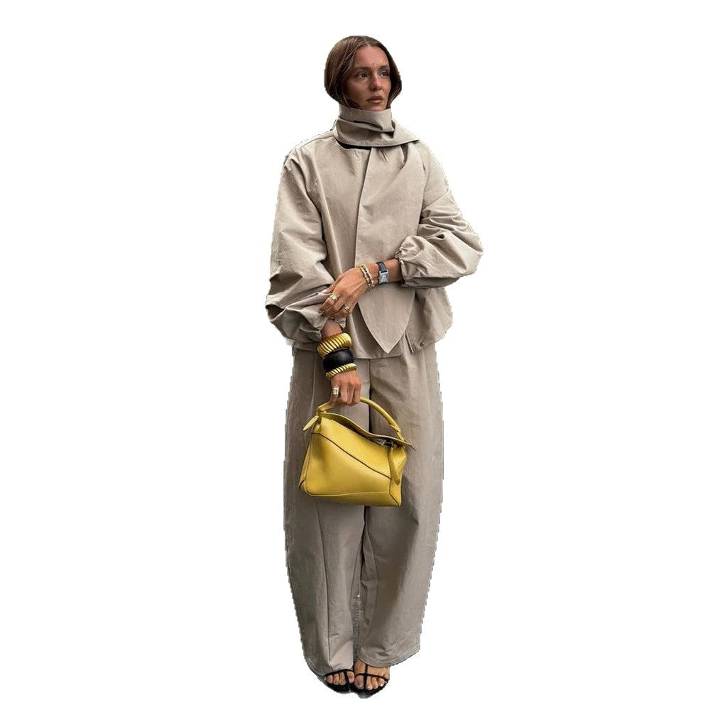 Women's Two-Piece Oversized Pant Suit Set with Asymmetrical Stand Collar Chichicherry
