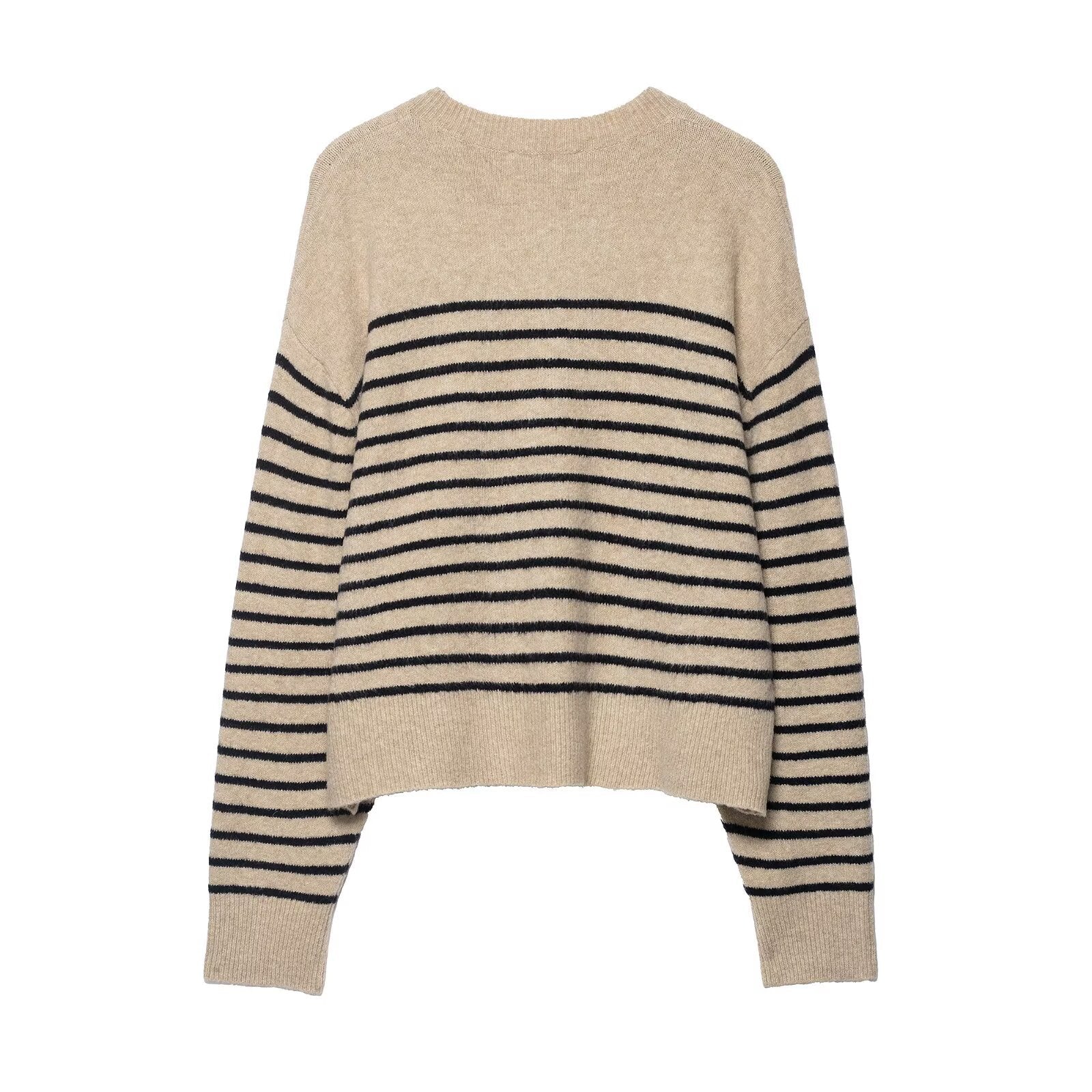 Women's Striped Fine Knit Henley Sweater with Dropped Shoulder and Ribbed Hem Chichicherry