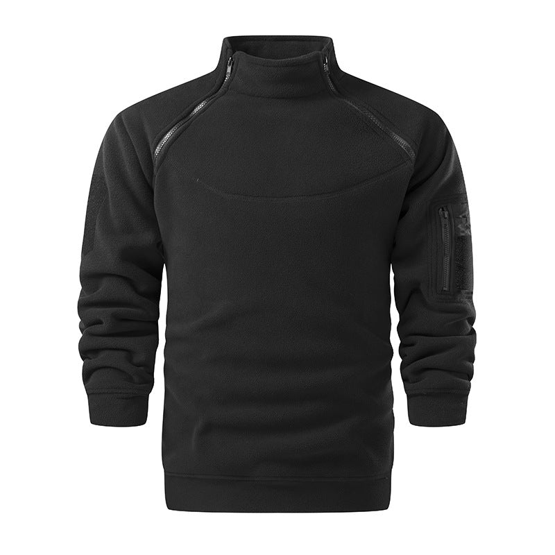 Men's Tactical Microfleece Sweater with High Stand-Up Collar, Sleeve Zip Pocket and Raglan Sleeves Chichicherry