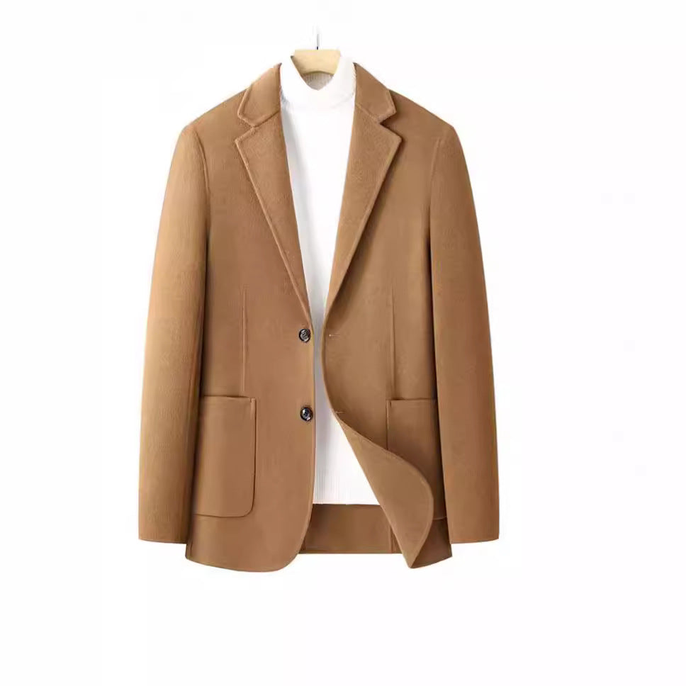 Men's Herringbone Wool Blazer with Lapel Collar and Patch Pockets Chichicherry