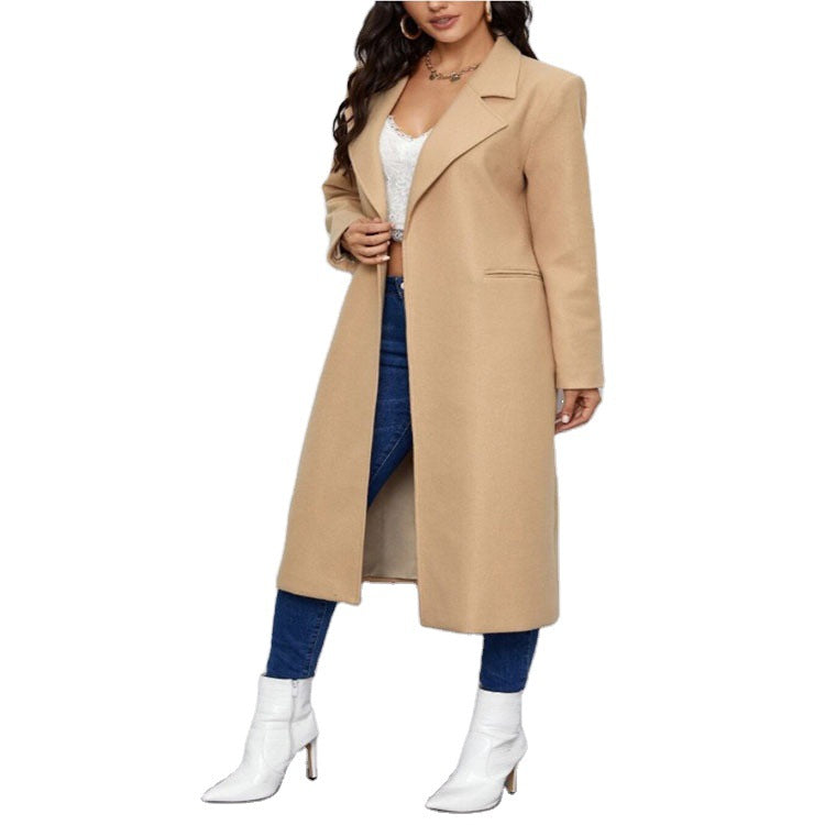 Women's Maxi Length Single Breasted Coat in Minimalist Tailoring with Concealed Button Placket and Side Pockets Chichicherry
