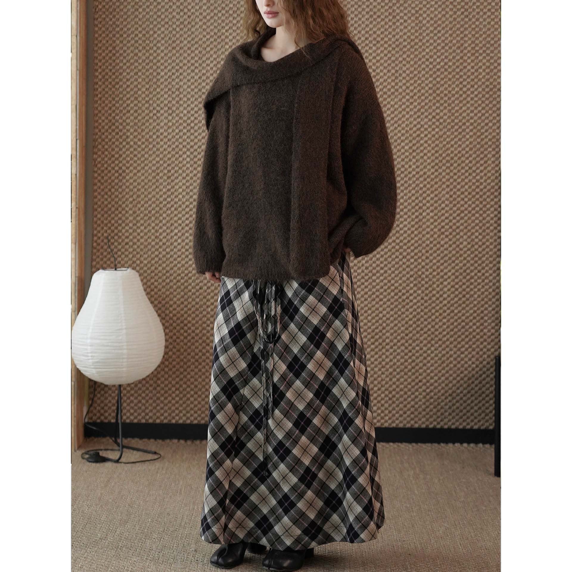 Women's Fluffy Mohair Mix Round Neck Sweater with Casual Long Vest Chichicherry