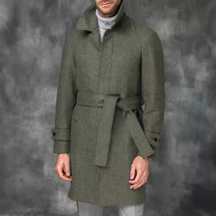 Men's coat mid-length made of wool blend with tie belt and concealed button placket Chichicherry