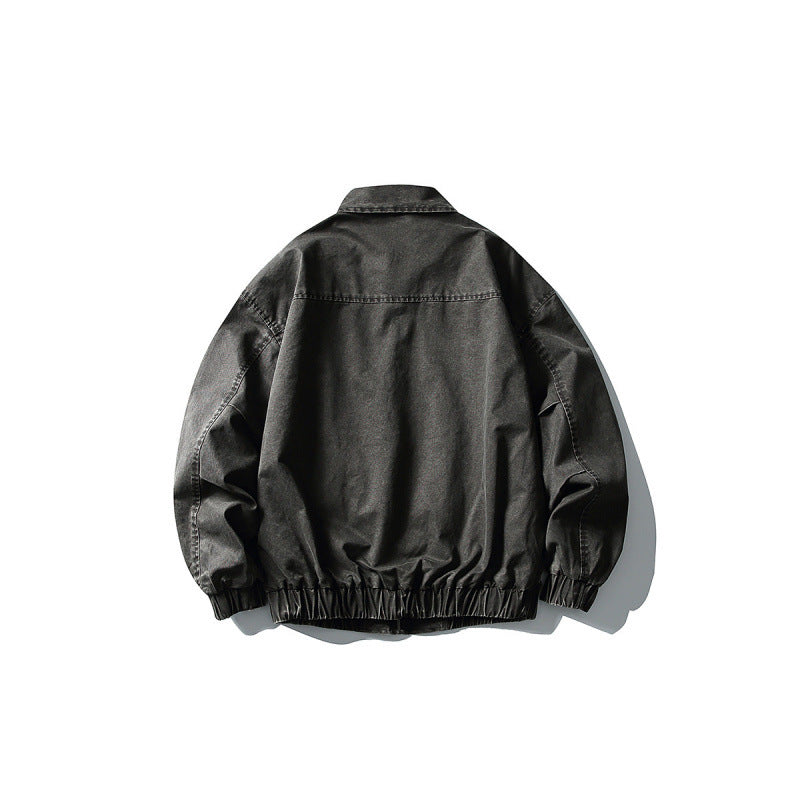 Unisex Short Boxy Denim Blouson Jacket with Zipper, Shirt Collar and Elastic Hem Chichicherry