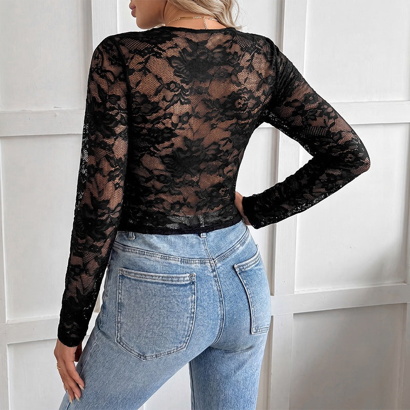Ladies lace long sleeve crop top with V-neck and drawstring closure Chichicherry