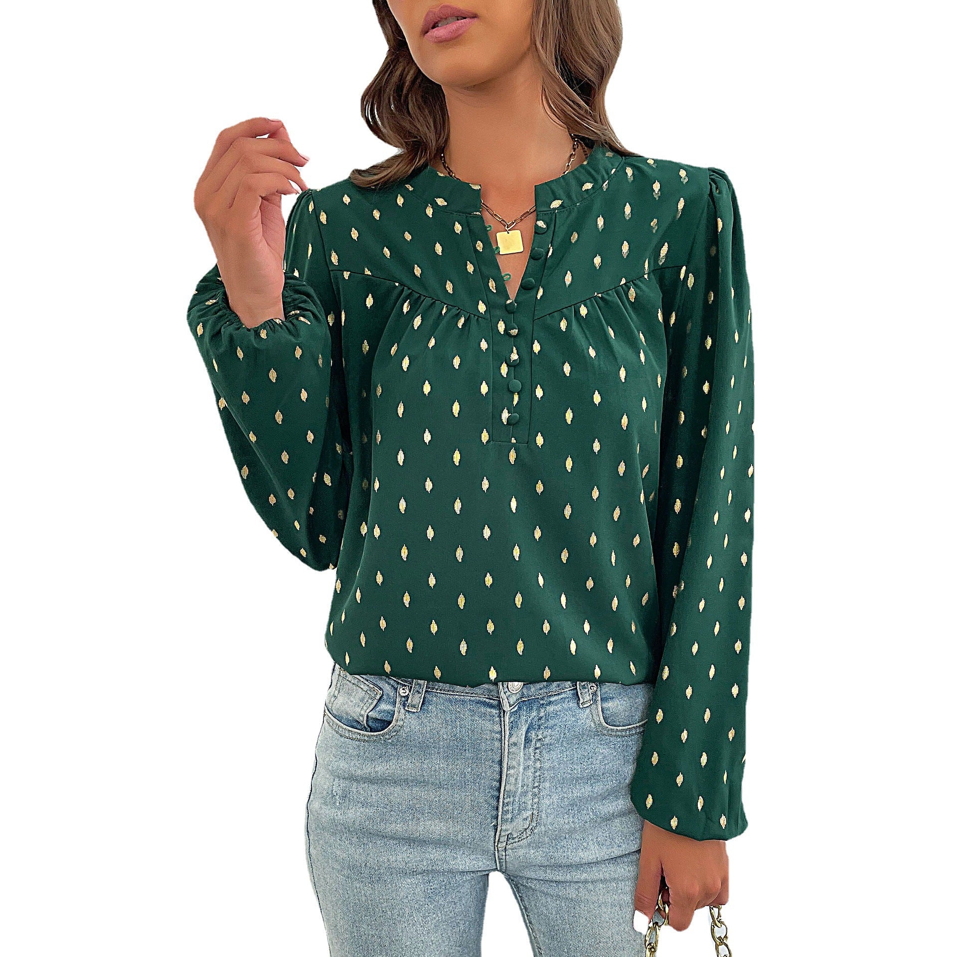 Women's Lightweight Viscose Blouse with Delicate Ikat Print, Stand Collar and Decorative Button Placket Chichicherry