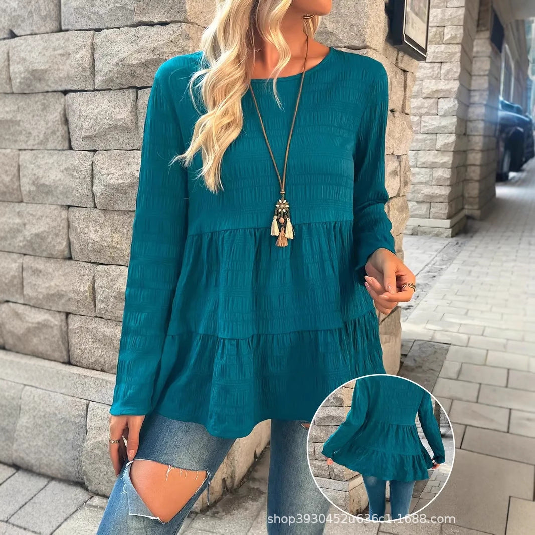 Women's Casual Tiered Tunic Top in Crinkle Look with Round Neckline Chichicherry