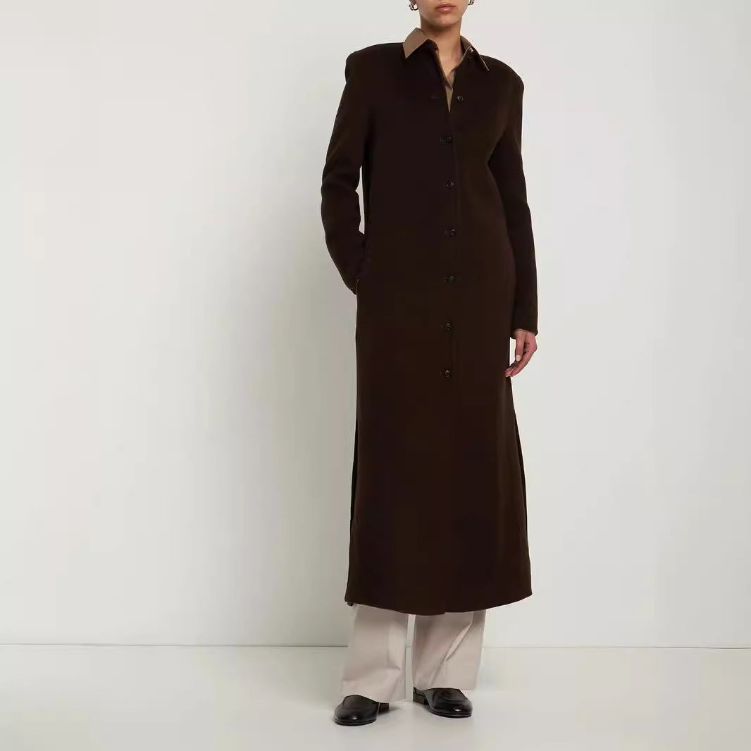 Women's Long Minimalist Stand-Up Collar Coat made of Wool Blend with Concealed Button Placket Chichicherry