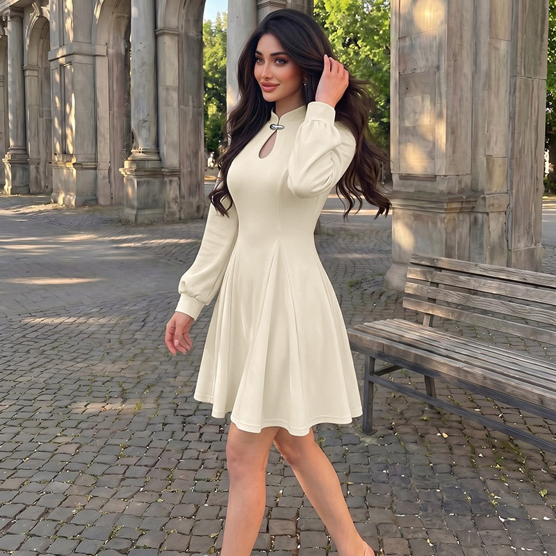 Women's elegant fitted skater dress with stand-up collar, keyhole detail & long balloon sleeves Chichicherry