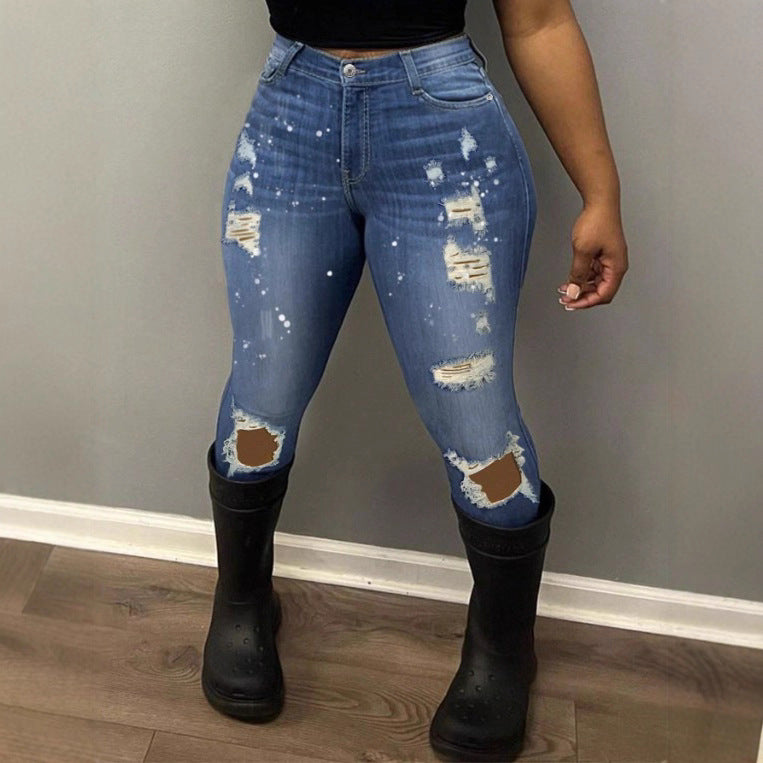 Women's high-waisted skinny super stretch jeans with used knee rips and paint splatter Chichicherry