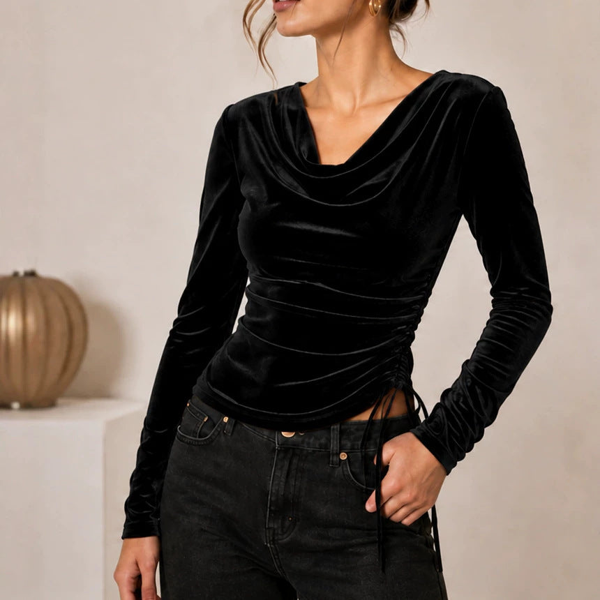 Women's velvet top with waterfall collar, side gathering and lacing detail Chichicherry