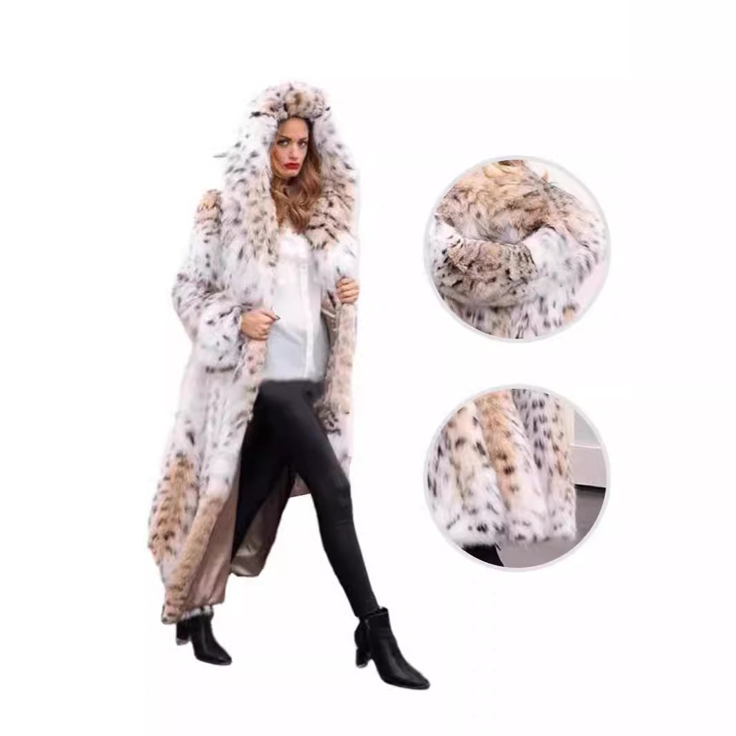 Women's Longer Faux Fur Coat with Hood and Lynx Look Chichicherry
